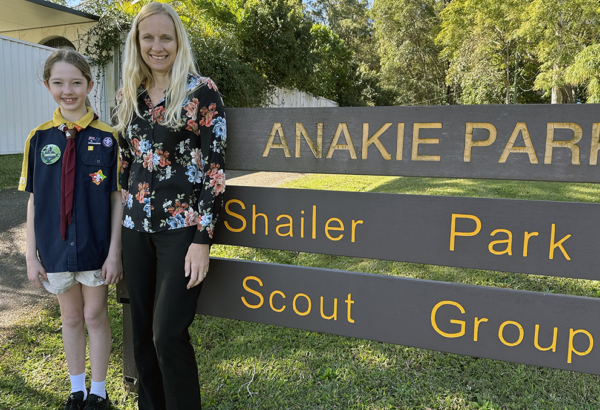 An image of Cr Miriam Stemp and Cub Scout Matilda in Anakie Park at Cornubia.