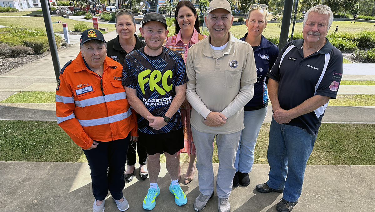 An image of Cr Natalie Willcocks (centre) with local volunteers at Flagstone Adventure Park including (from left) Fran Simpson (SES), Mel Dunne (SEQ Rotary Wildlife Rescue), Jae Martin (Flagstone Run Club), Phillip Tanner (Flagstone Wildlife Rescue), Kareen Duncan (Flagstone Netball) and Bob Wiley (Flagstone Blokes).