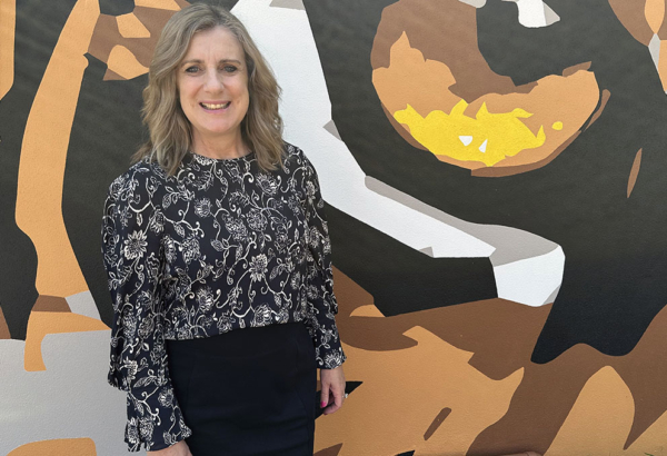 An image of Cr Lisa Bradley at the striking new mural at Rochedale Tigers Rugby League Football Club at Underwood Park.