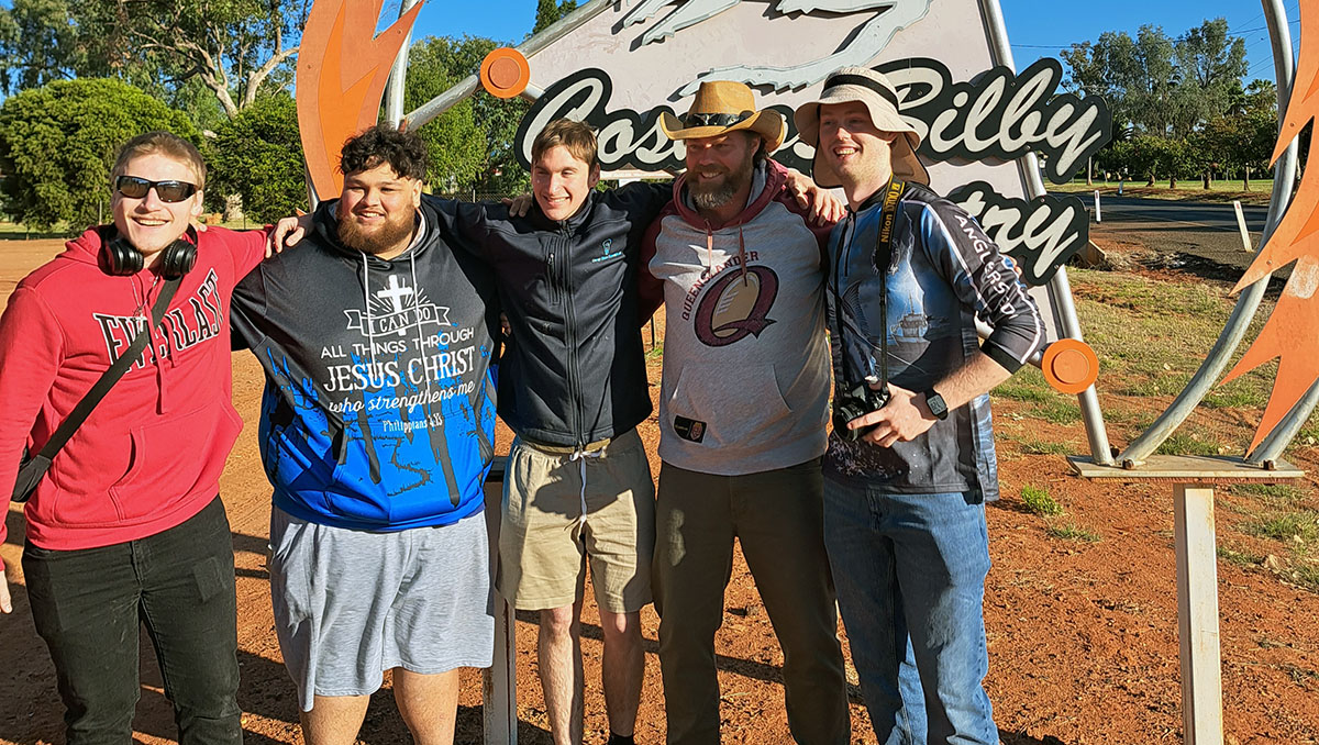 Chappy Nick Carroll (in cowboy hat) with The Great Outback Road Trip participants (from left) Caleb Mills, Mac McPhilbin, Eli Appleby and Ethan Hocking. An image of Chappy Nick Carroll (in cowboy hat) with The Great Outback Road Trip participants (from left) Caleb Mills, Mac McPhilbin, Eli Appleby and Ethan Hocking.