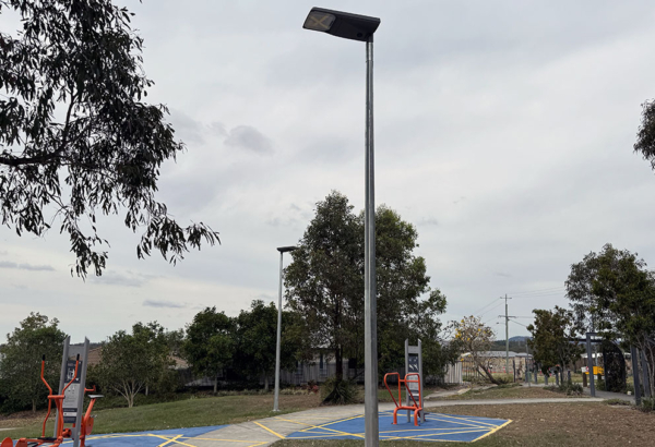 Two of the new solar-powered lights near exercise equipment in East Beaumont Park at Park Ridge.
An image of 2 of the new solar-powered lights near exercise equipment in East Beaumont Park at Park Ridge.