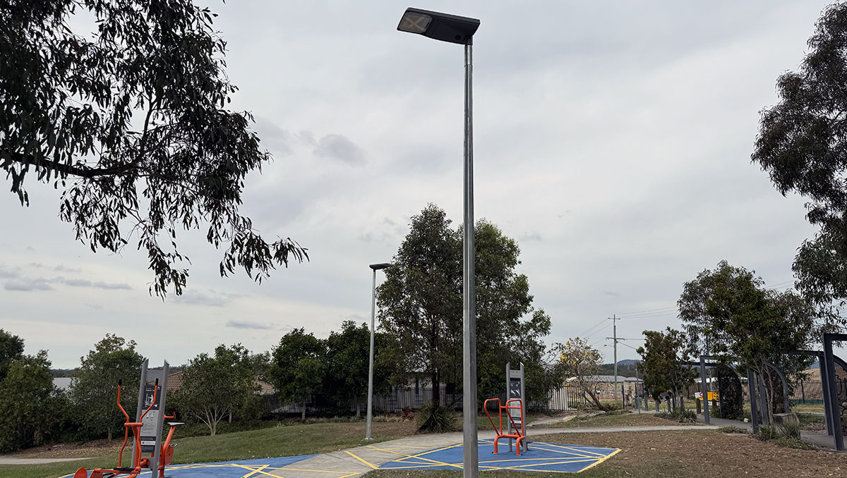 Two of the new solar-powered lights near exercise equipment in East Beaumont Park at Park Ridge.
An image of 2 of the new solar-powered lights near exercise equipment in East Beaumont Park at Park Ridge.